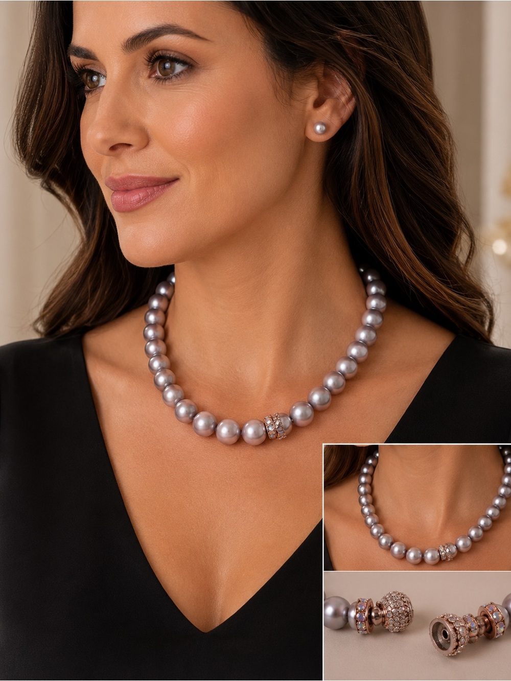 Classic Silver Pearl Necklace Crystal Rhinestone Clasp Vintage Large - Picture 2 of 13